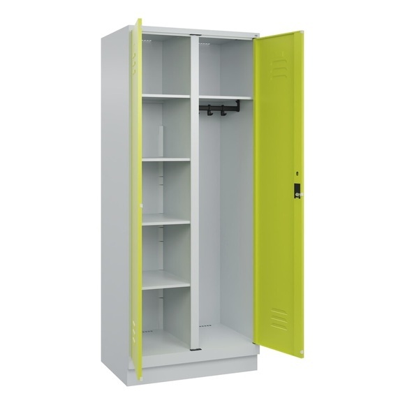 C+P Mehrzweck-Putzmittelschrank Classic PLUS, Sockel, 2 Abteile, HxBxT 1.950 x 800 x 500 mm, lichtgrau, clowngrün, Zylinderschloss