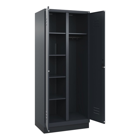 C+P Putzmittelspind Classic PLUS, 1 Abteil, Trennwand mittig, grau, B 800 mm, mit Bodensockel, Zylinderschloss