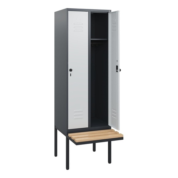 C+P Spind Classic PLUS, 2 Abteile, HxBxT 1.950 x 600 x 815 mm, für Vorhängeschloss, auskragende Bank aus Buche, anthrazitgrau, lichtgrau