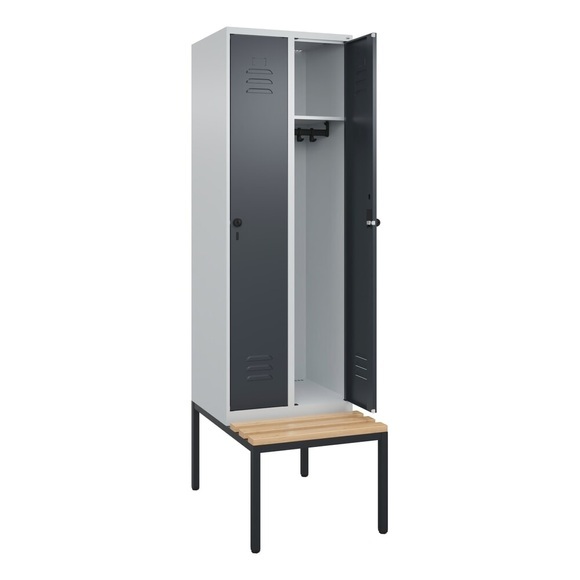 C+P Spind Classic PLUS Sitzbank, 2 Abteile, lichtgrau / grau, B 600 mm, Sicherheits-Drehriegel, untergebaut, Buche-Hartholz