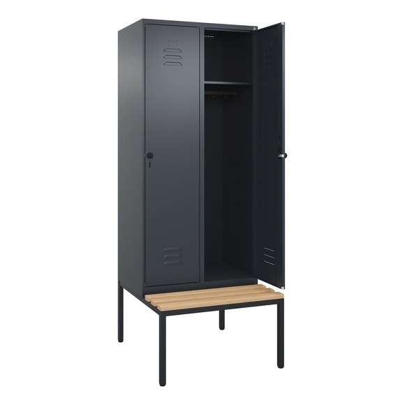 C+P Spind Classic PLUS Sitzbank, 2 Abteile, grau, B 800 mm, Sicherheits-Drehriegel, untergebaut, Buche-Hartholz