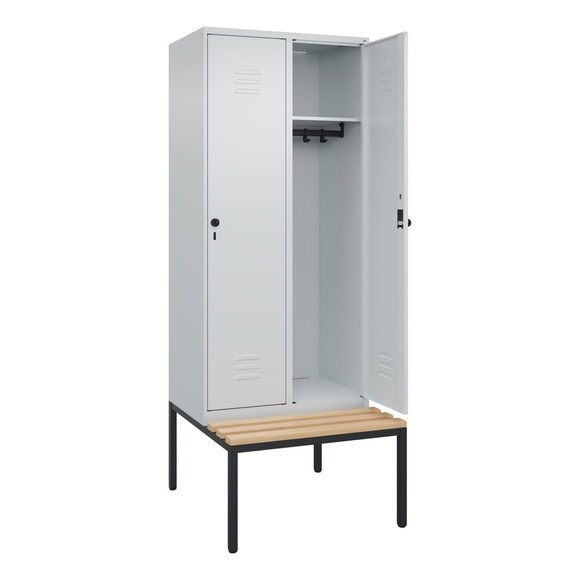 C+P Spind Classic PLUS Sitzbank, 2 Abteile, lichtgrau, B 800 mm, Sicherheits-Drehriegel, untergebaut, Buche-Hartholz