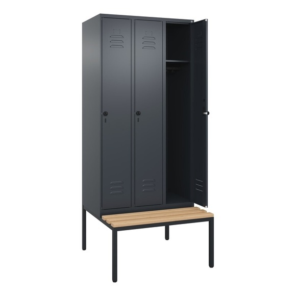 C+P Spind Classic PLUS Sitzbank, 3 Abteile, grau, B 900 mm, Sicherheits-Drehriegel, untergebaut, Buche-Hartholz