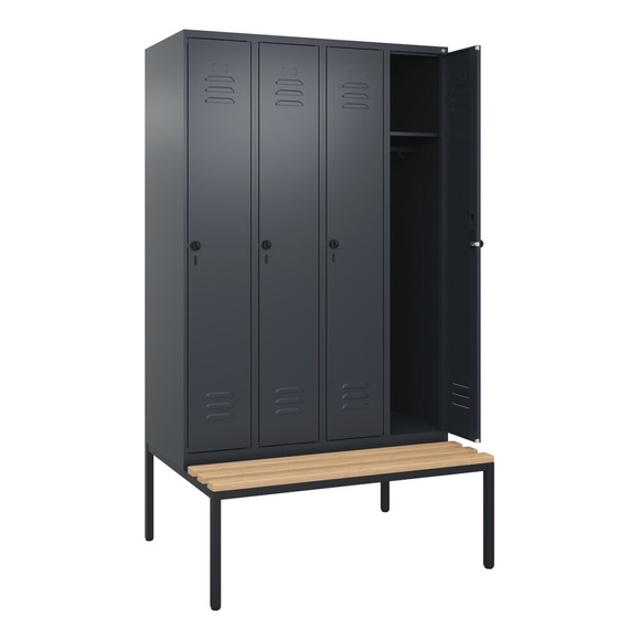 C+P Spind Classic PLUS Sitzbank, 4 Abteile, grau, B 1200 mm, Sicherheits-Drehriegel, untergebaut, Buche-Hartholz