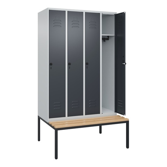 C+P Spind Classic PLUS Sitzbank, 4 Abteile, lichtgrau / grau, B 1200 mm, Sicherheits-Drehriegel, untergebaut, Buche-Hartholz