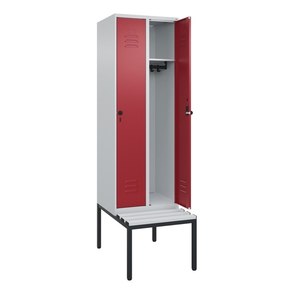 C+P Spind Classic PLUS, 2 Abteile, HxBxT 2.120 x 600 x 815 mm, für Vorhängeschloss, untergebaute Bank aus Kunststoff, lichtgrau, rubinrot