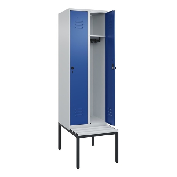 C+P Spind Classic PLUS Sitzbank, 2 Abteile, lichtgrau / enzianblau, B 600 mm, Sicherheits-Drehriegel, untergebaut, Kunststoff