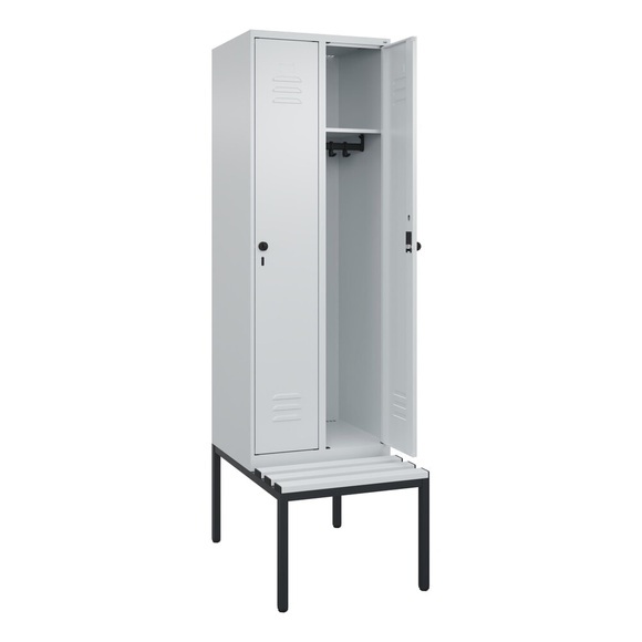C+P Spind Classic PLUS Sitzbank, 2 Abteile, lichtgrau, B 600 mm, Sicherheits-Drehriegel, untergebaut, Kunststoff