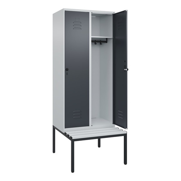 C+P Spind Classic PLUS Sitzbank, 2 Abteile, lichtgrau / grau, B 800 mm, Sicherheits-Drehriegel, untergebaut, Kunststoff