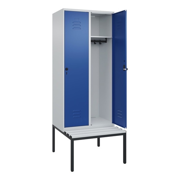 C+P Spind Classic PLUS Sitzbank, 2 Abteile, lichtgrau / enzianblau, B 800 mm, Sicherheits-Drehriegel, untergebaut, Kunststoff