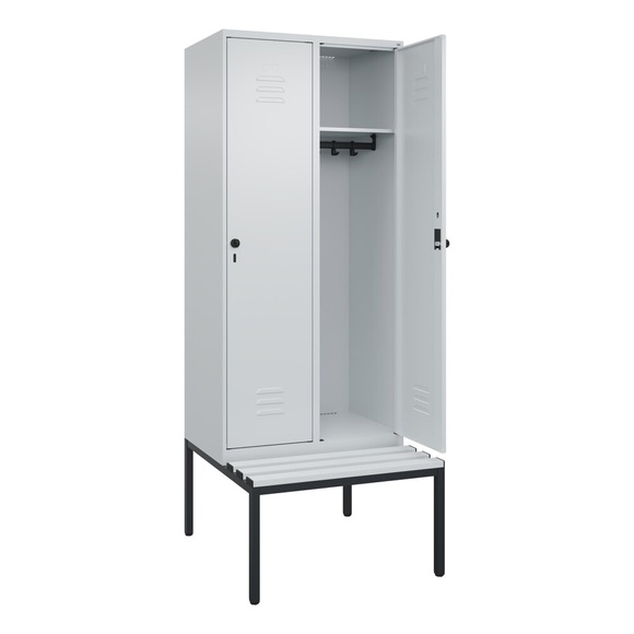 C+P Spind Classic PLUS Sitzbank, 2 Abteile, lichtgrau, B 800 mm, Sicherheits-Drehriegel, untergebaut, Kunststoff