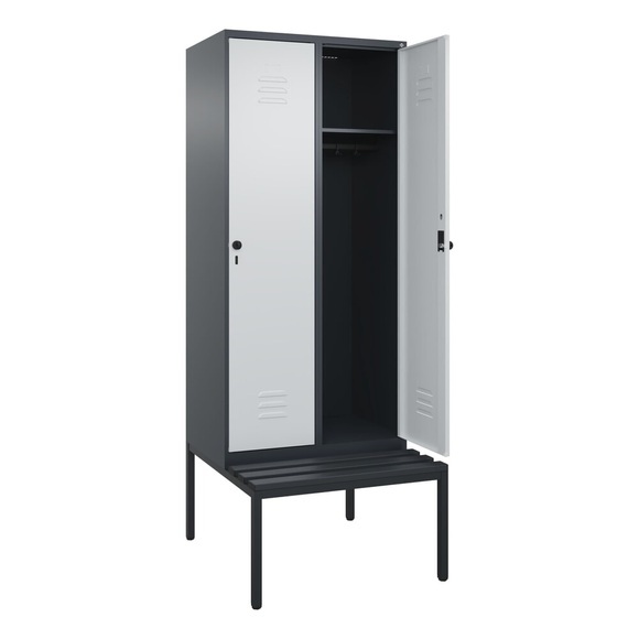 C+P Spind Classic PLUS, 2 Abteile, HxBxT 2.120 x 800 x 815 mm, für Vorhängeschloss, untergebaute Bank aus Kunststoff, anthrazitgrau, lichtgrau