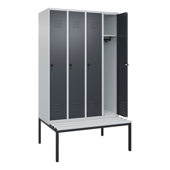 C+P Spind Classic PLUS Sitzbank, 4 Abteile, lichtgrau / grau, B 1200 mm, Sicherheits-Drehriegel, untergebaut, Kunststoff