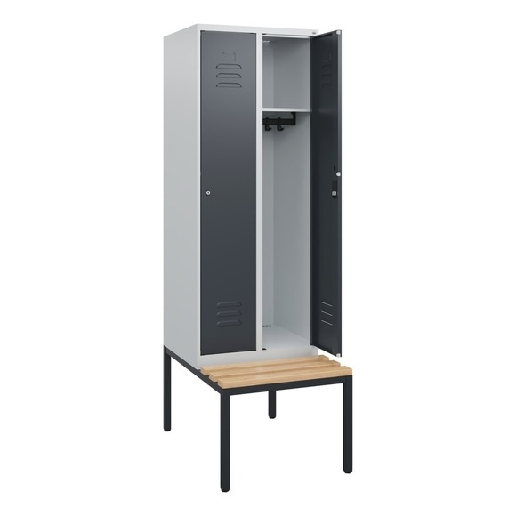 C+P Spind Classic PLUS, 2 Abteile, HxBxT 1.950 x 600 x 815 mm, Zylinderschloss, untergebaute Bank aus Buche, lichtgrau, anthrazitgrau