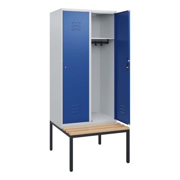 C+P Spind Classic PLUS, 2 Abteile, HxBxT 1.950 x 800 x 815 mm, Zylinderschloss, untergebaute Bank aus Buche, lichtgrau, enzianblau