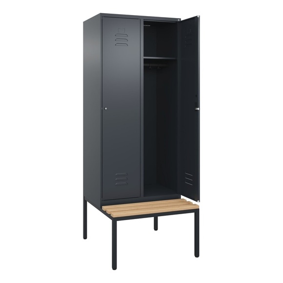 C+P Spind Classic PLUS Sitzbank, 2 Abteile, grau, B 800 mm, Zylinderschloss, untergebaut, Buche-Hartholz