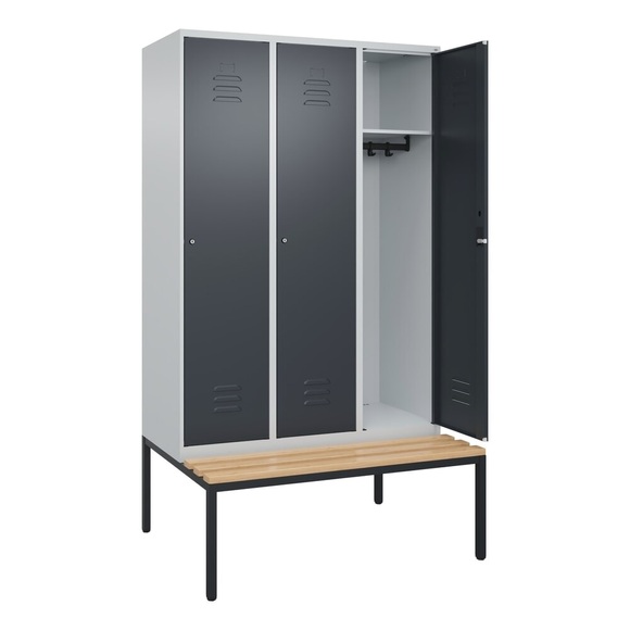 C+P Spind Classic PLUS Sitzbank, 3 Abteile, lichtgrau / grau, B 1200 mm, Zylinderschloss, untergebaut, Buche-Hartholz