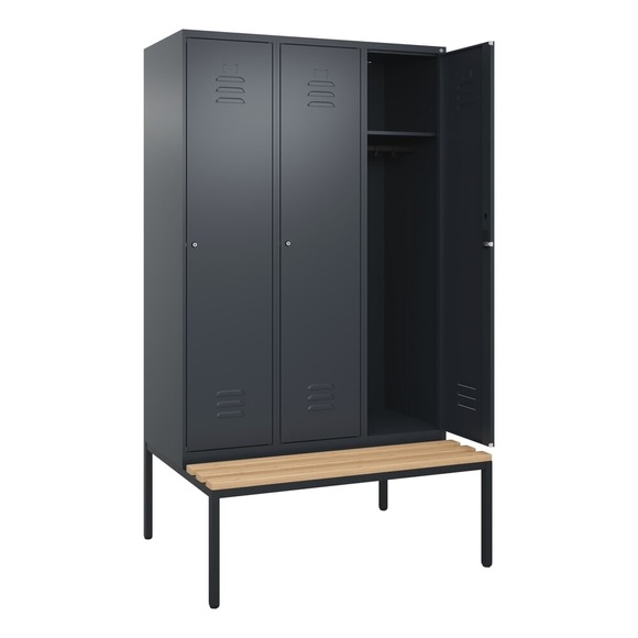 C+P Spind Classic PLUS Sitzbank, 3 Abteile, grau, B 1200 mm, Zylinderschloss, untergebaut, Buche-Hartholz