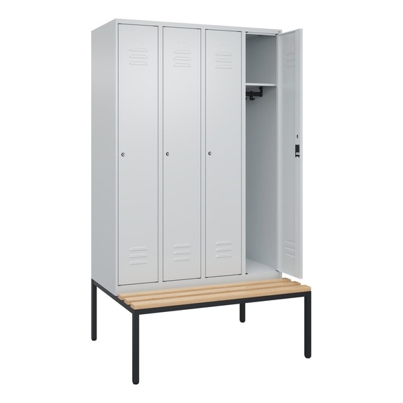 C+P Spind Classic PLUS Sitzbank, 4 Abteile, lichtgrau, B 1200 mm, Zylinderschloss, untergebaut, Buche-Hartholz