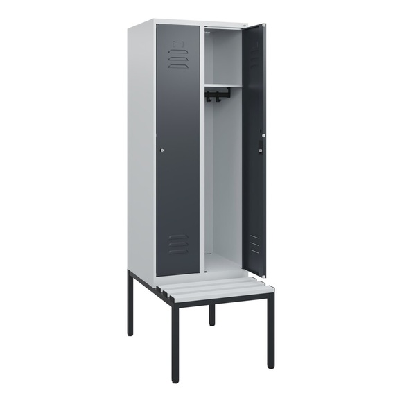 C+P Spind Classic PLUS, 2 Abteile, HxBxT 1.950 x 600 x 815 mm, Zylinderschloss, untergebaute Bank aus Kunststoff, lichtgrau, anthrazitgrau