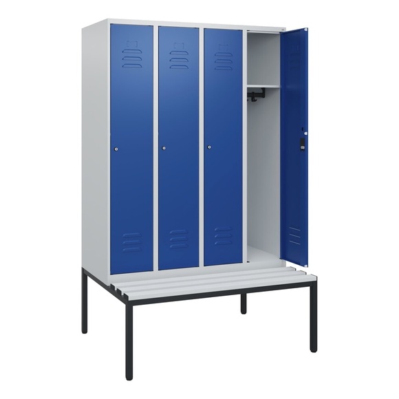C+P Spind Classic PLUS, 4 Abteile, HxBxT 1.950 x 1.200 x 815 mm, Zylinderschloss, untergebaute Bank aus Kunststoff, lichtgrau, enzianblau