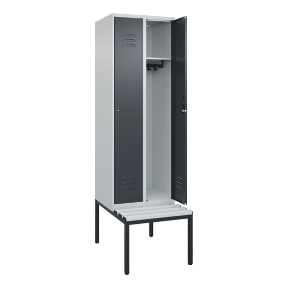 C+P Spind Classic PLUS Sitzbank, 2 Abteile, lichtgrau / grau, B 600 mm, Zylinderschloss, untergebaut, Kunststoff