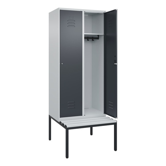 C+P Spind Classic PLUS Sitzbank, 2 Abteile, lichtgrau / grau, B 800 mm, Zylinderschloss, untergebaut, Kunststoff