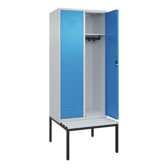 C+P Spind Classic PLUS Sitzbank, 2 Abteile, lichtgrau / lichtblau, B 800 mm, Zylinderschloss, untergebaut, Kunststoff