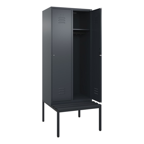 C+P Spind Classic PLUS Sitzbank, 2 Abteile, grau, B 800 mm, Zylinderschloss, untergebaut, Kunststoff