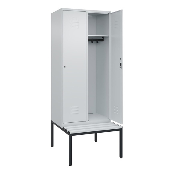 C+P Spind Classic PLUS Sitzbank, 2 Abteile, lichtgrau, B 800 mm, Zylinderschloss, untergebaut, Kunststoff
