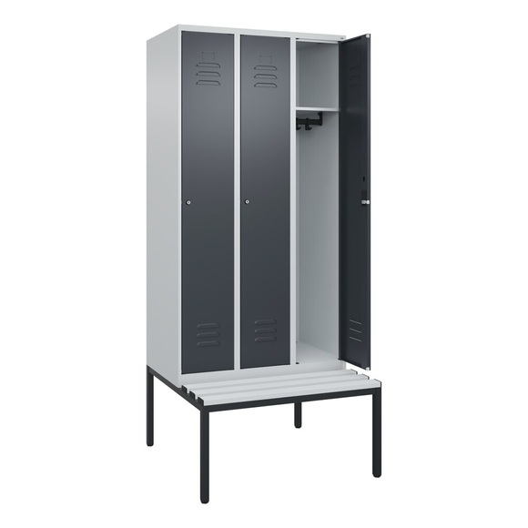 C+P Spind Classic PLUS Sitzbank, 3 Abteile, lichtgrau / grau, B 900 mm, Zylinderschloss, untergebaut, Kunststoff