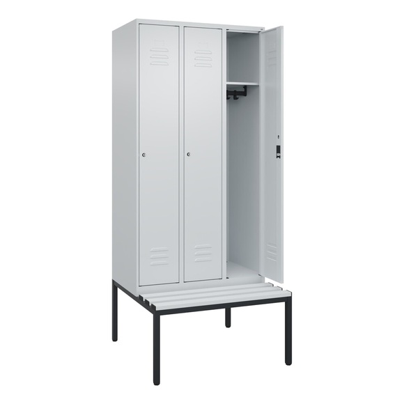 C+P Spind Classic PLUS Sitzbank, 3 Abteile, lichtgrau, B 900 mm, Zylinderschloss, untergebaut, Kunststoff