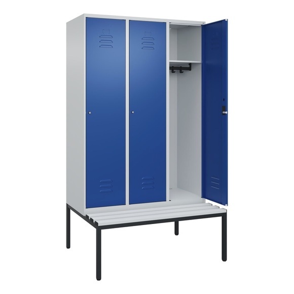 C+P Spind Classic PLUS Sitzbank, 3 Abteile, lichtgrau / enzianblau, B 1200 mm, Zylinderschloss, untergebaut, Kunststoff