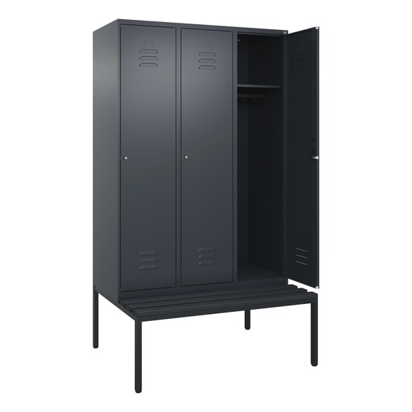 C+P Spind Classic PLUS Sitzbank, 3 Abteile, grau, B 1200 mm, Zylinderschloss, untergebaut, Kunststoff