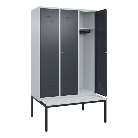 C+P Spind Classic PLUS Sitzbank, 3 Abteile, lichtgrau / grau, B 1200 mm, Zylinderschloss, untergebaut, Kunststoff