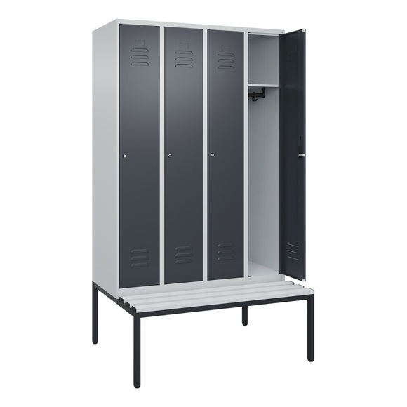 C+P Spind Classic PLUS Sitzbank, 4 Abteile, lichtgrau / grau, B 1200 mm, Zylinderschloss, untergebaut, Kunststoff