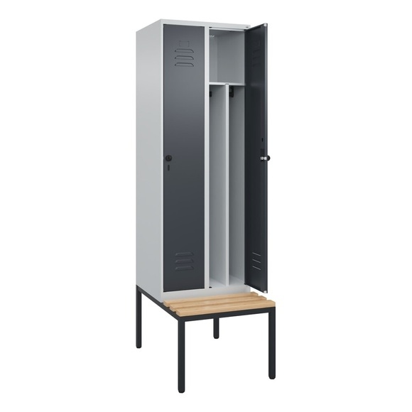 C+P Spind Classic PLUS Sitzbank, 2 Abteile, mittig, lichtgrau / grau, B 600 mm, Sicherheits-Drehriegel, untergebaut, Buche-Hartholz