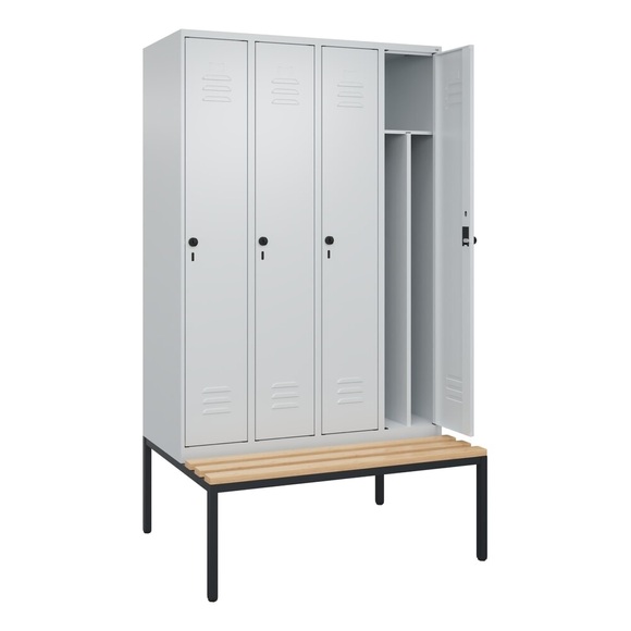 C+P Spind Classic PLUS Sitzbank, 4 Abteile, mittig, lichtgrau, B 1200 mm, Sicherheits-Drehriegel, untergebaut, Buche-Hartholz