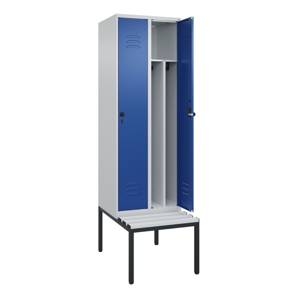C+P Spind Classic PLUS Sitzbank, 2 Abteile, mittig, lichtgrau / enzianblau, B 600 mm, Sicherheits-Drehriegel, untergebaut, Kunststoff