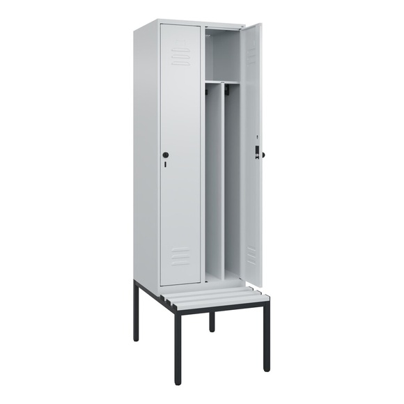 C+P Spind Classic PLUS Sitzbank, 2 Abteile, mittig, lichtgrau, B 600 mm, Sicherheits-Drehriegel, untergebaut, Kunststoff