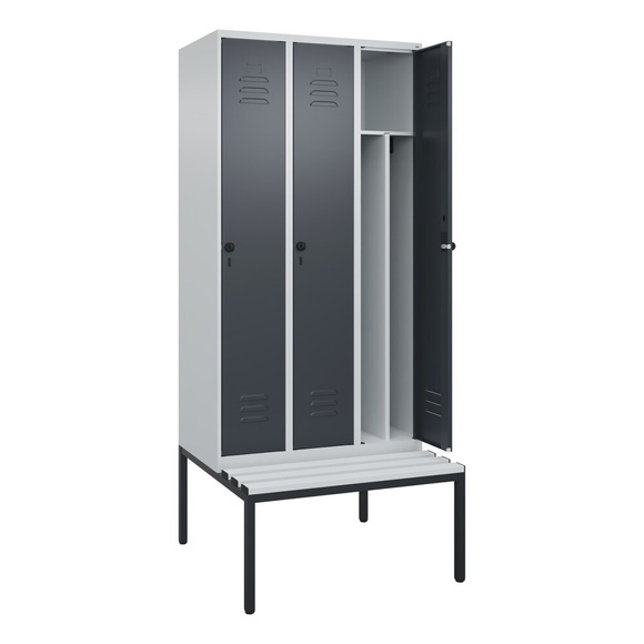 C+P Spind Classic PLUS Sitzbank, 3 Abteile, mittig, lichtgrau / grau, B 900 mm, Sicherheits-Drehriegel, untergebaut, Kunststoff
