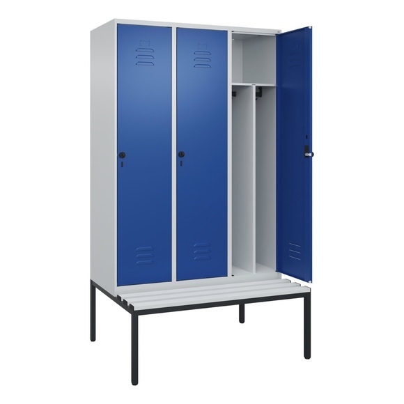 C+P Spind Classic PLUS Sitzbank, 3 Abteile, mittig, lichtgrau / enzianblau, B 1200 mm, Sicherheits-Drehriegel, untergebaut, Kunststoff