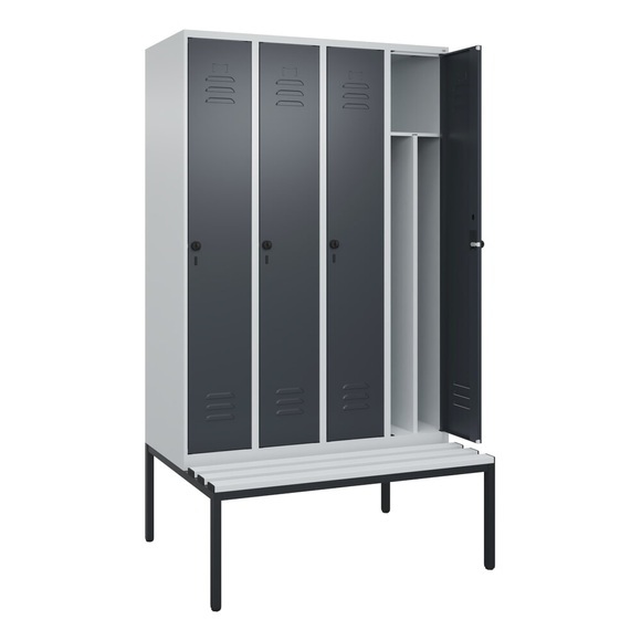 C+P Spind Classic PLUS Sitzbank, 4 Abteile, mittig, lichtgrau / grau, B 1200 mm, Sicherheits-Drehriegel, untergebaut, Kunststoff