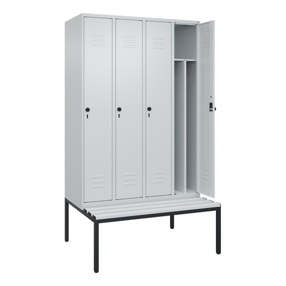 C+P Spind Classic PLUS Sitzbank, 4 Abteile, mittig, lichtgrau, B 1200 mm, Sicherheits-Drehriegel, untergebaut, Kunststoff