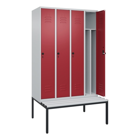 C+P Spind Classic PLUS, 4 Abteile, Trennwand, HxBxT 2.120 x 1.200 x 815 mm, für Vorhängeschloss, Trennwand, untergebaute Bank aus Kunststoff, lichtgrau, rubinrot