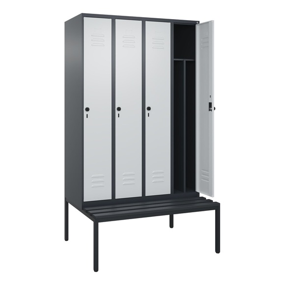 C+P Spind Classic PLUS, 4 Abteile, Trennwand, HxBxT 2.120 x 1.200 x 815 mm, für Vorhängeschloss, Trennwand, untergebaute Bank aus Kunststoff, anthrazitgrau, lichtgrau