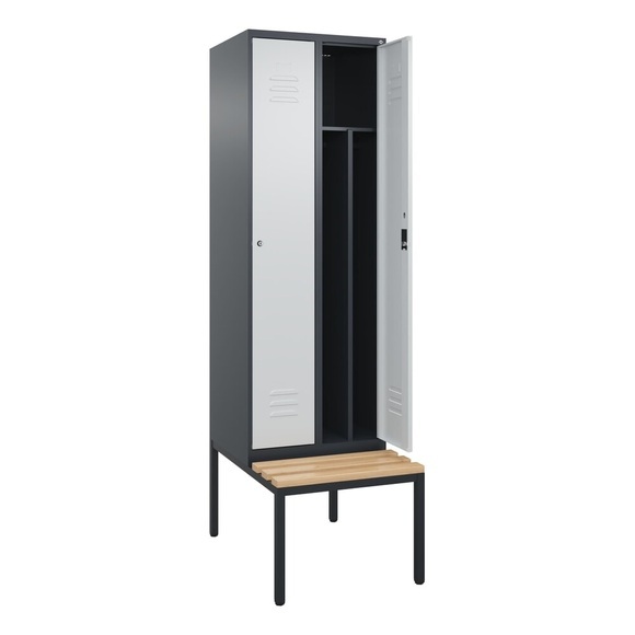 C+P Spind Classic PLUS, 2 Abteile, Trennwand, HxBxT 2.120 x 600 x 815 mm, Zylinderschloss, Trennwand, untergebaute Bank aus Buche, anthrazitgrau, lichtgrau