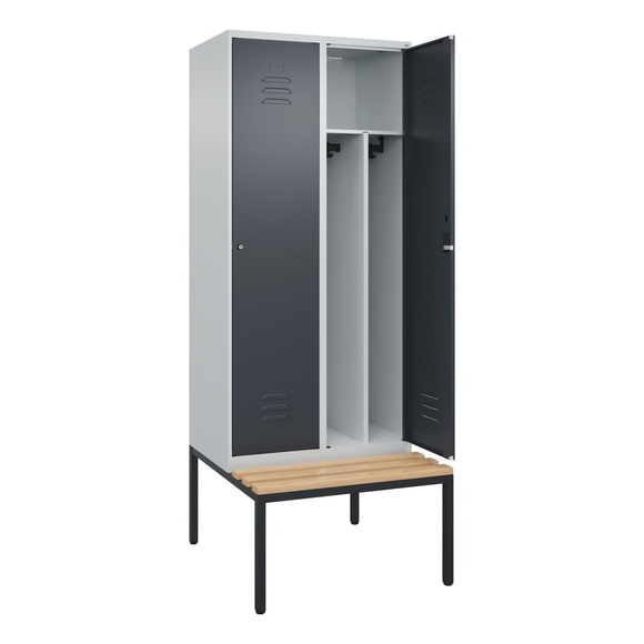 C+P Spind Classic PLUS Sitzbank, 2 Abteile, mittig, lichtgrau / grau, B 800 mm, Zylinderschloss, untergebaut, Buche-Hartholz