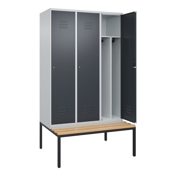 C+P Spind Classic PLUS Sitzbank, 3 Abteile, mittig, lichtgrau / grau, B 1200 mm, Zylinderschloss, untergebaut, Buche-Hartholz