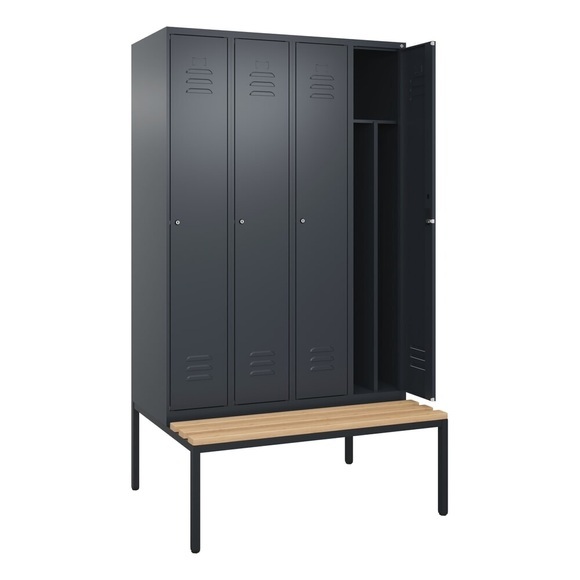 C+P Spind Classic PLUS Sitzbank, 4 Abteile, mittig, grau, B 1200 mm, Zylinderschloss, untergebaut, Buche-Hartholz